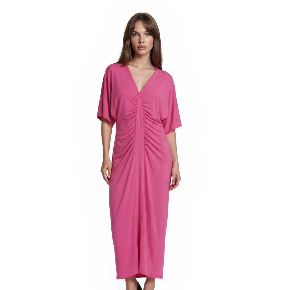 New Venus Maxi Dress Women's Size Medium Pink Ruched Kimonoโ Sleeve V Neck